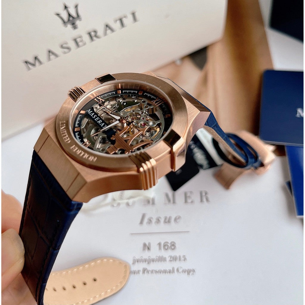 Maserati Automatic Skeleton Dial Rose Gold Blue Leather Strap Watch For Men - R8821108022 Watches Maserati   