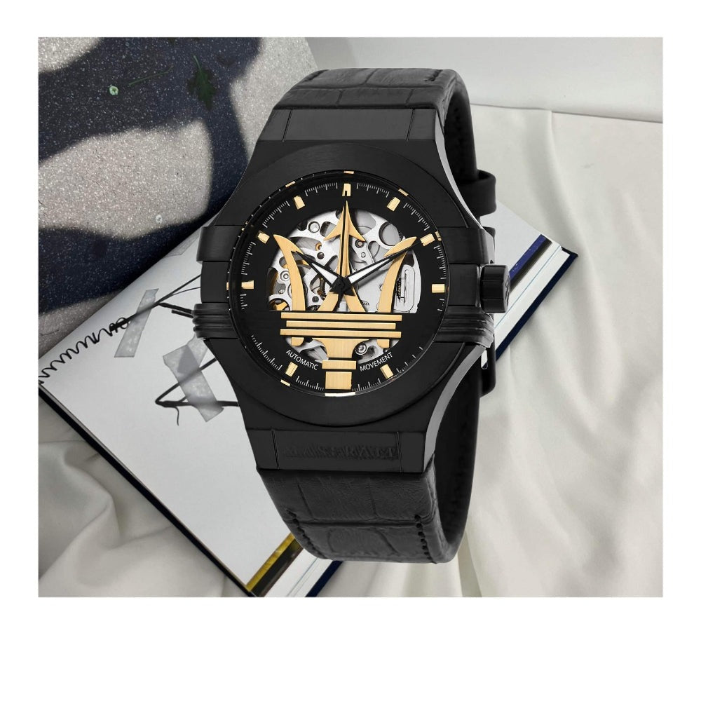 Maserati Potenza Skeleton Limited Edition Black Dial Black Leather Strap Watch For Men - R8821108027 Watches Maserati   