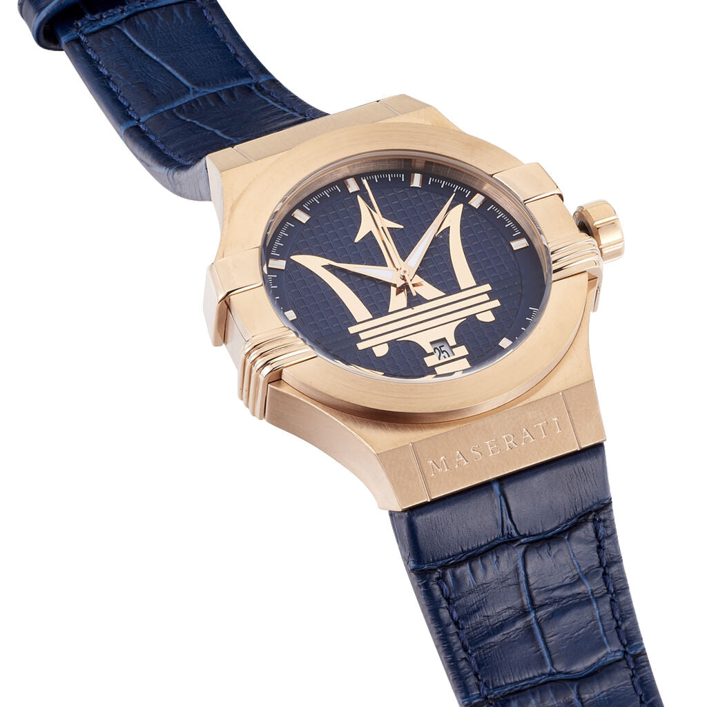 Maserati Potenza 42mm Rose Gold & Blue Dial Blue Leather Strap Watch For Men - R8851108027 Watches Maserati   