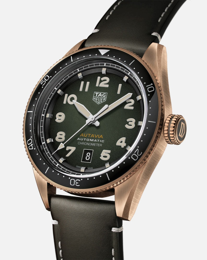 Tag Heuer Autavia Calibre 5 Automatic 42mm Olive Green Dial Leather Strap Watch for Men - WBE5190.FC8268 Watches Tag Heuer   