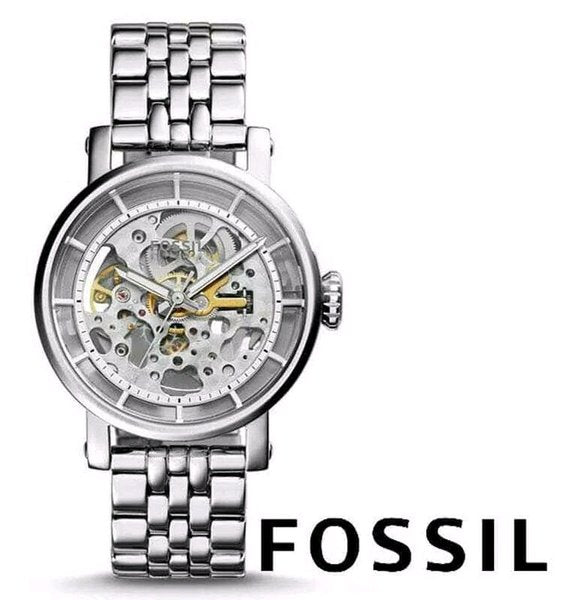 Fossil Boyfriend Automatic Skeleton Silver Dial Silver Steel Strap Watch for Women - ME3067 Watches Fossil   