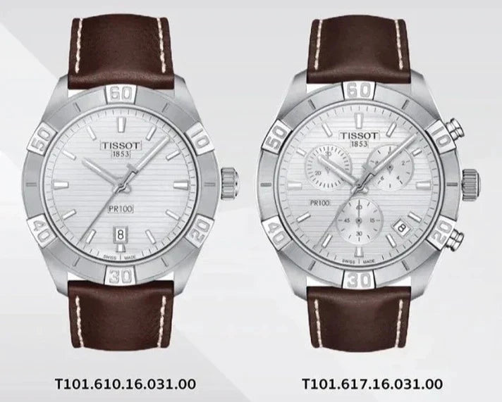 Tissot PR 100 Sport Quartz Chronograph Silver Dial Brown Leather Strap Watch For Men - T101.617.16.031.00 Watches Tissot   