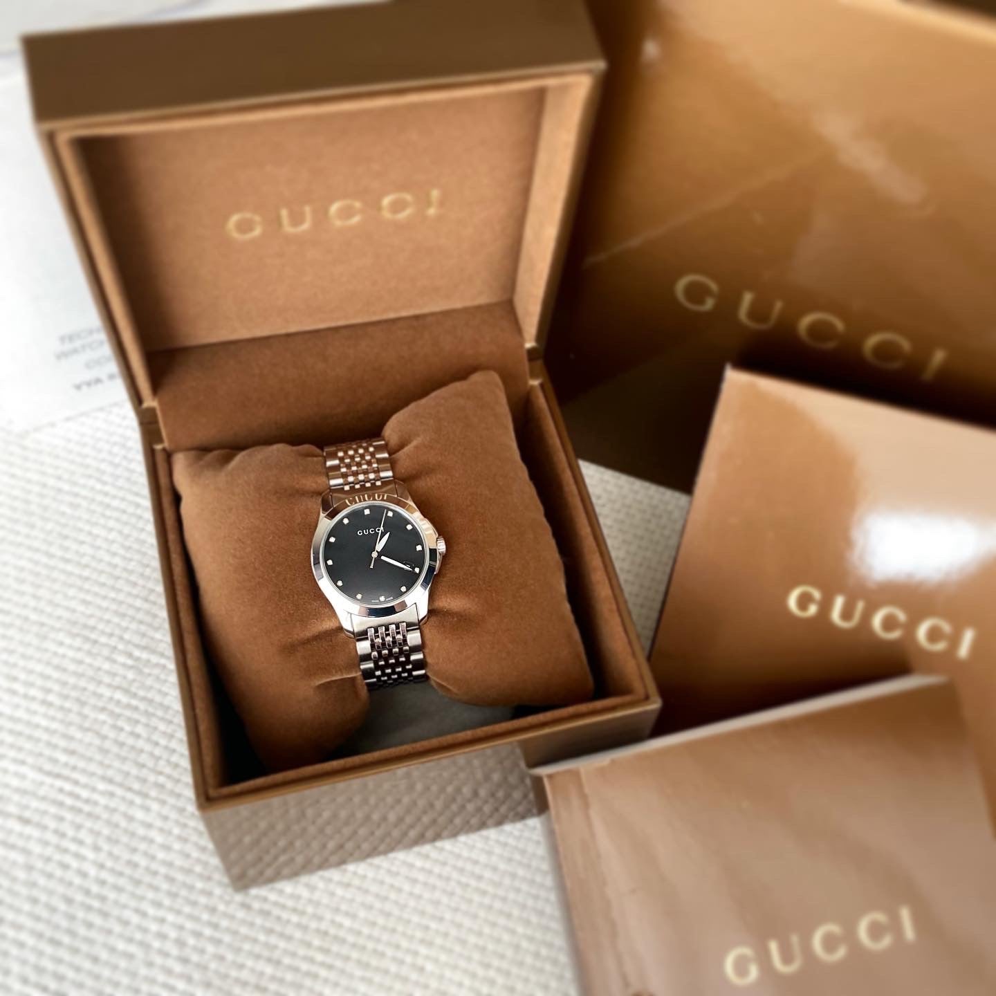 Gucci G Timeless Diamond Mother of Pearl Black Dial Silver Steel Strap Watch For Women - YA126505 Watches Gucci   