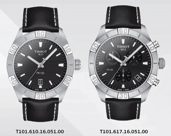 Tissot PR 100 Sport Quartz Chronograph Black Dial Black Leather Strap Watch For Men - T101.617.16.051.00 Watches Tissot   