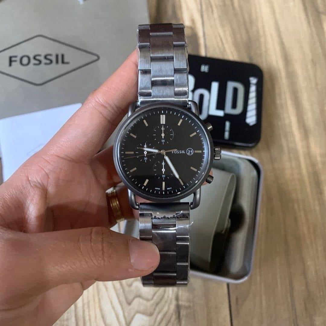 Fossil The Commuter Black Dial Grey Steel Strap Watch for Men - FS5400 Watches Fossil   