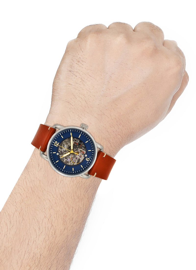 Fossil Commuter Automatic Skeleton Blue Dial Brown Leather Strap Watch for Men - ME3159 Watches Fossil   