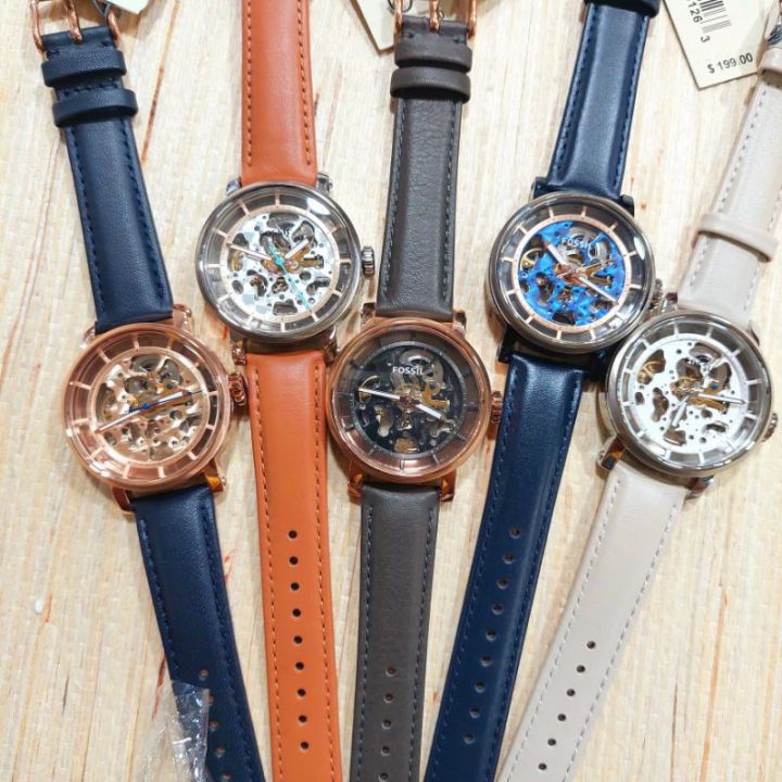 Fossil Boyfriend Automatic Skeleton Silver Dial Brown Leather Strap Watch for Women - ME3109 Watches Fossil   