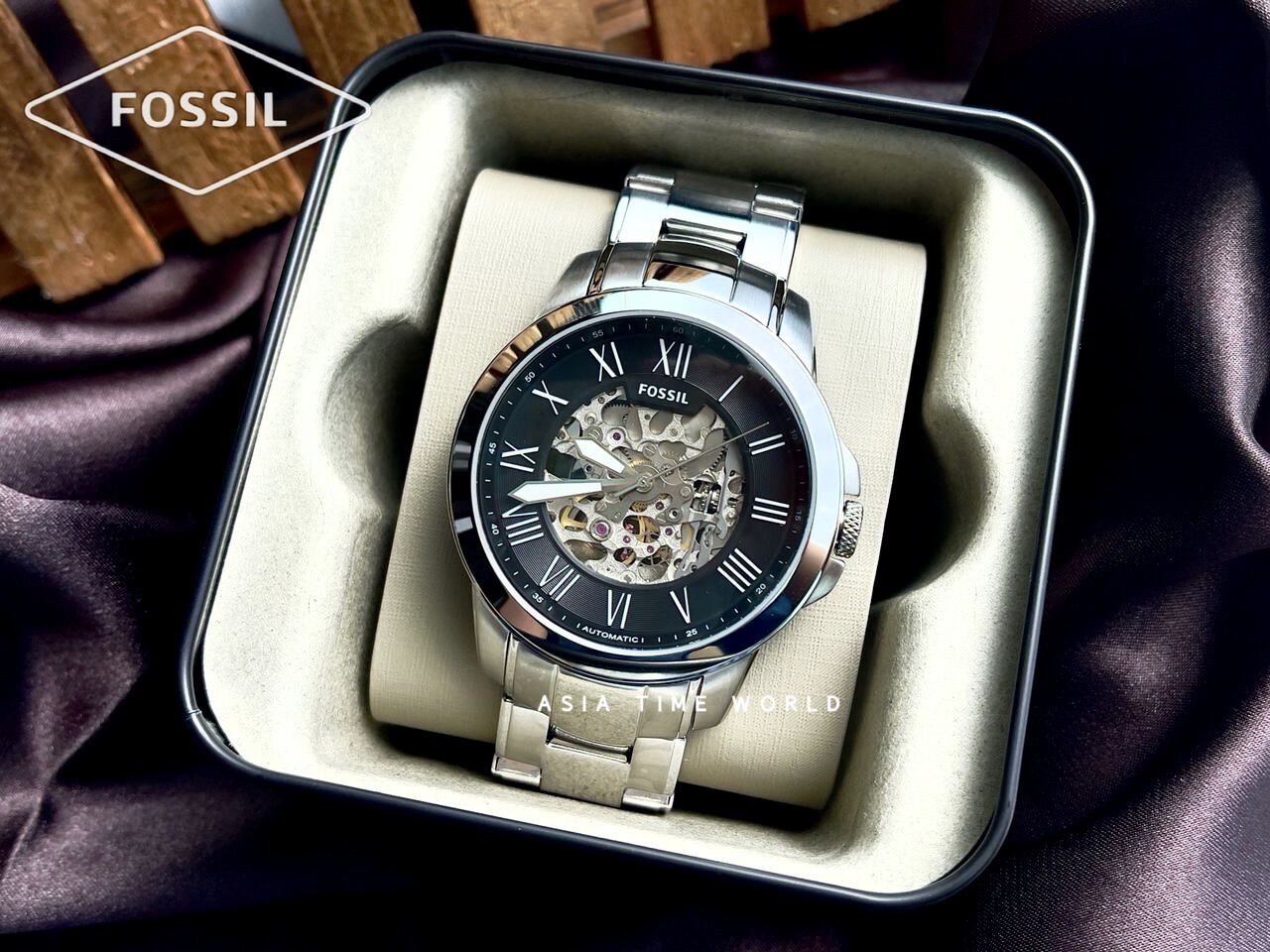 Fossil Grant Automatic Skeleton Black Dial Silver Steel Strap Watch for Men - ME3103 Watches Fossil   