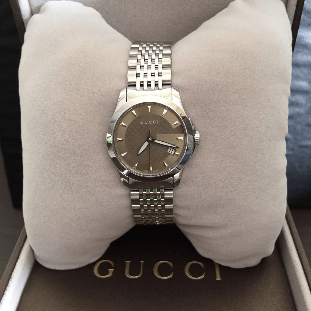 Gucci G Timeless Brown Dial Silver Steel Strap Watch For Women - YA126503 Watches Gucci   