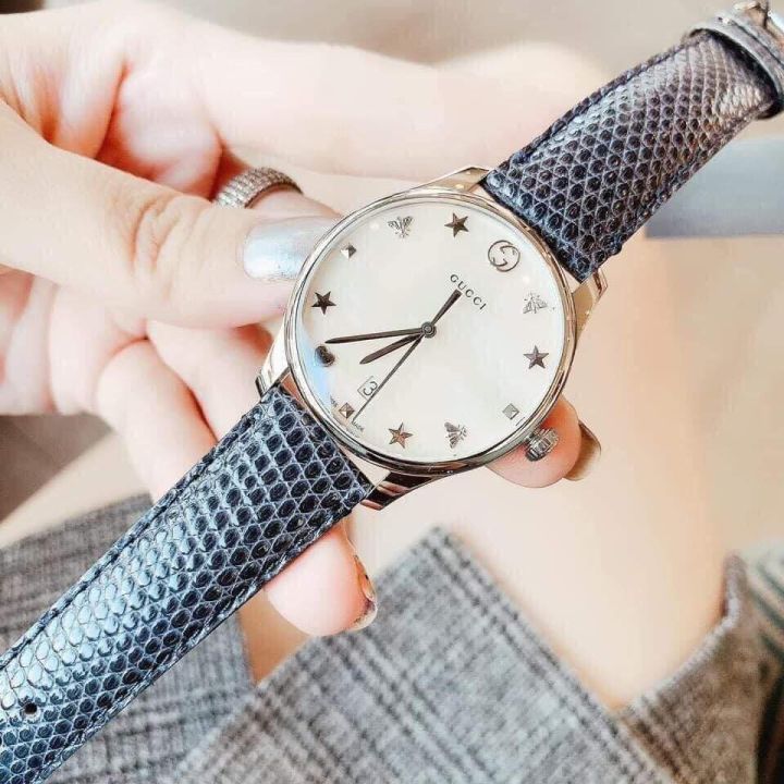 Gucci G-Timeless Signature Mother of Pearl Silver Dial Blue Leather Strap Watch For Women - YA1264049 Watches Gucci   