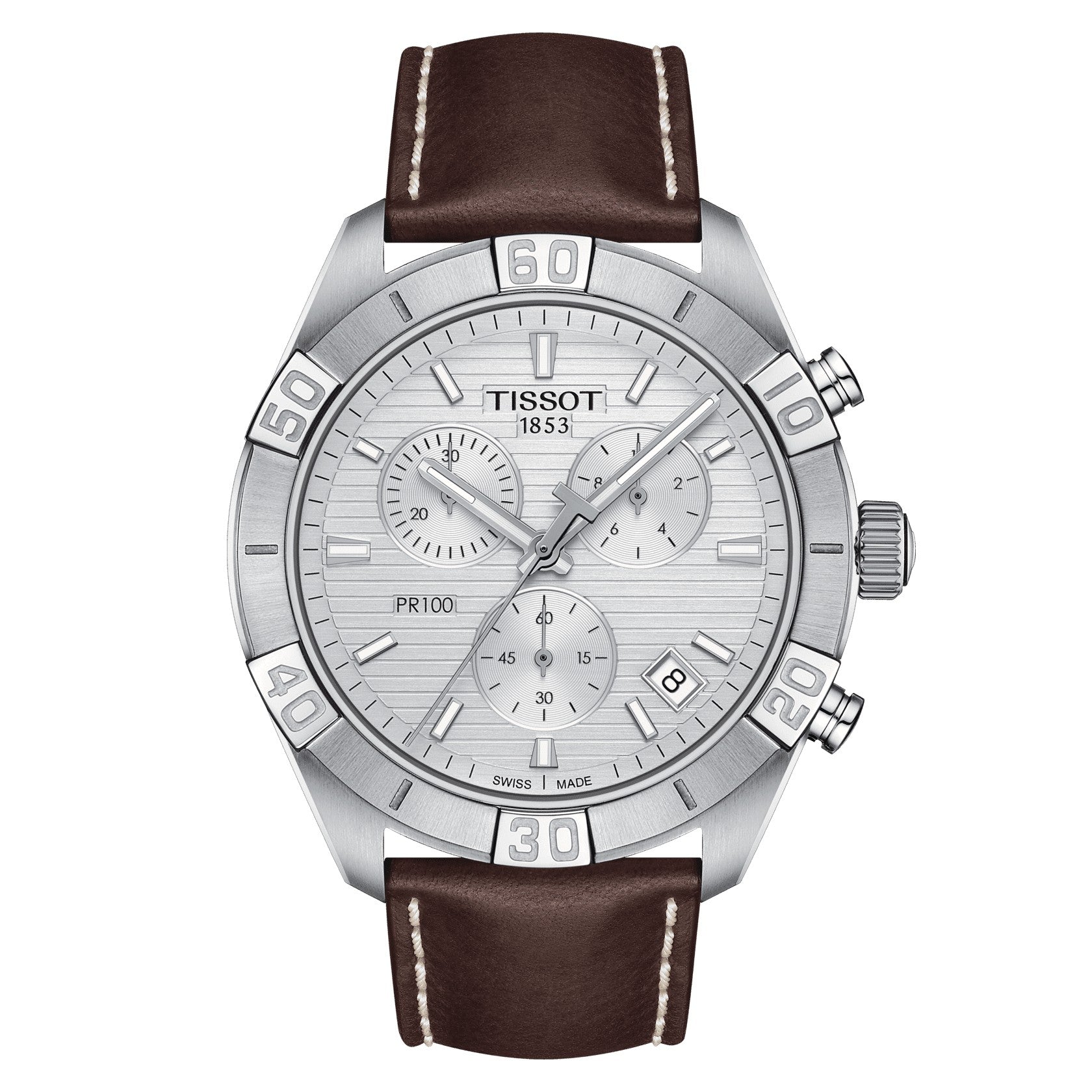 Tissot PR 100 Sport Quartz Chronograph Silver Dial Brown Leather Strap Watch For Men - T101.617.16.031.00 Watches Tissot   