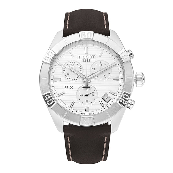 Tissot PR 100 Sport Quartz Chronograph Silver Dial Brown Leather Strap Watch For Men - T101.617.16.031.00 Watches Tissot   