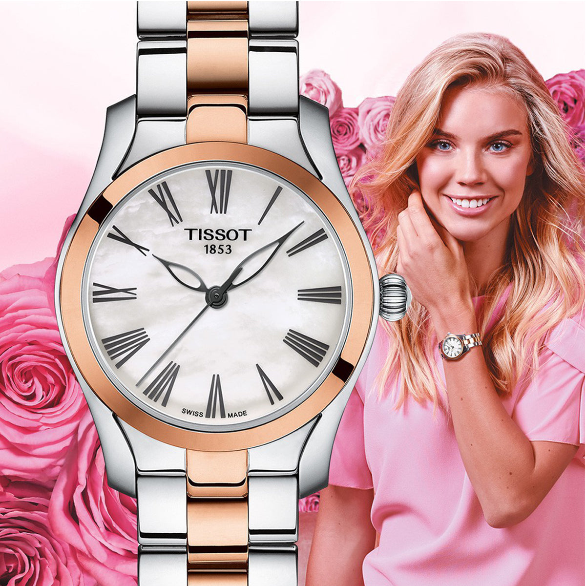 Tissot T Wave Mother of Pearl Dial Two Tone Stainless Steel Strap Watch For Women - T112.210.22.113.01 Watches Tissot   