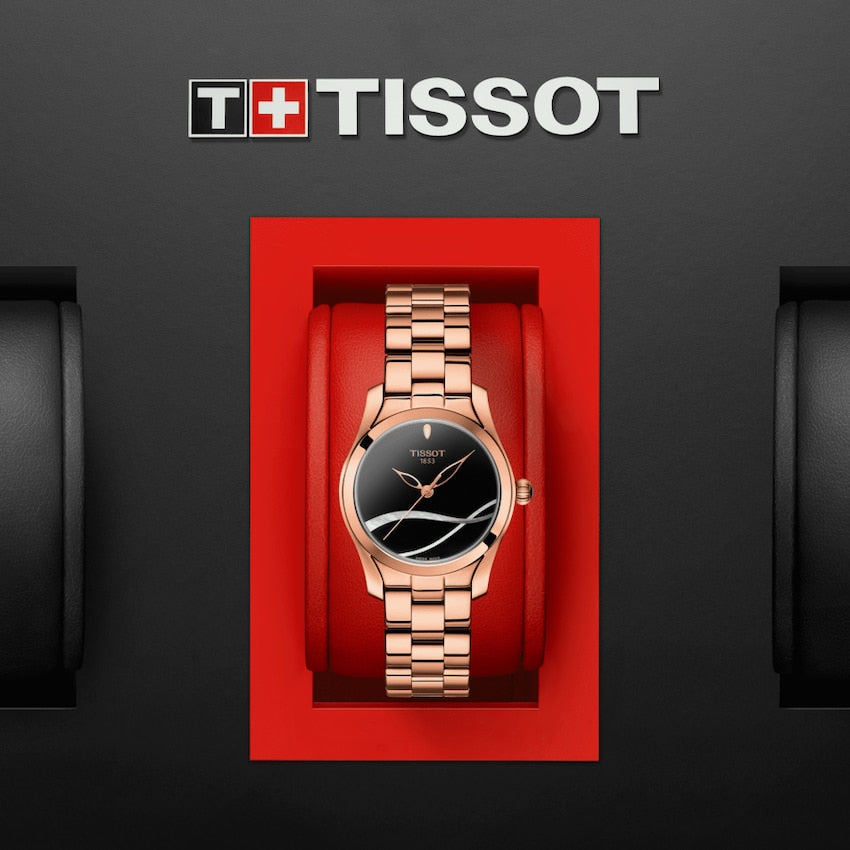 Tissot T Wave Black Dial Rose Gold Steel Strap Watch For Women - T112.210.33.051.00 Watches Tissot   