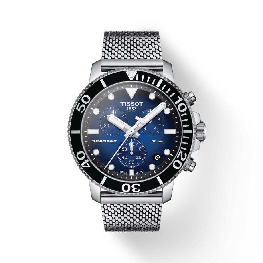 Tissot Seaster 1000 Chronograph Blue Dial Silver Mesh Bracelet Watch For Men - T120.417.11.041.02 Watches Tissot   