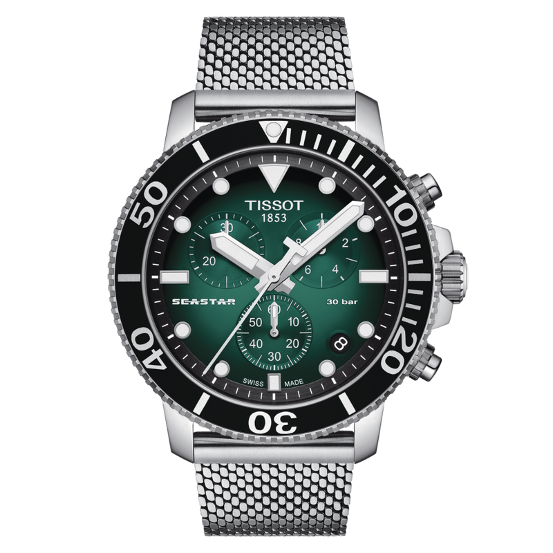 Tissot Seaster 1000 Chronograph Green Dial Silver Mesh Bracelet Watch For Men - T120.417.11.091.00 Watches Tissot   