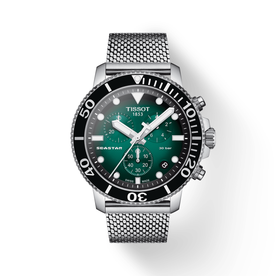 Tissot Seaster 1000 Chronograph Green Dial Silver Mesh Bracelet Watch For Men - T120.417.11.091.00 Watches Tissot   