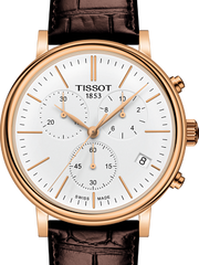 Tissot Carson Chronograph Premium White Dial Brown Leather Strap Watch For Men - T122.417.36.011.00 Watches Tissot   