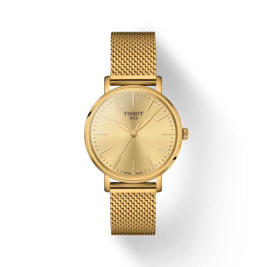 Tissot Everytime Lady Gold Dial Gold Plated Mesh Bracelet Watch for Women - T143.210.33.021.00 Watches Tissot   