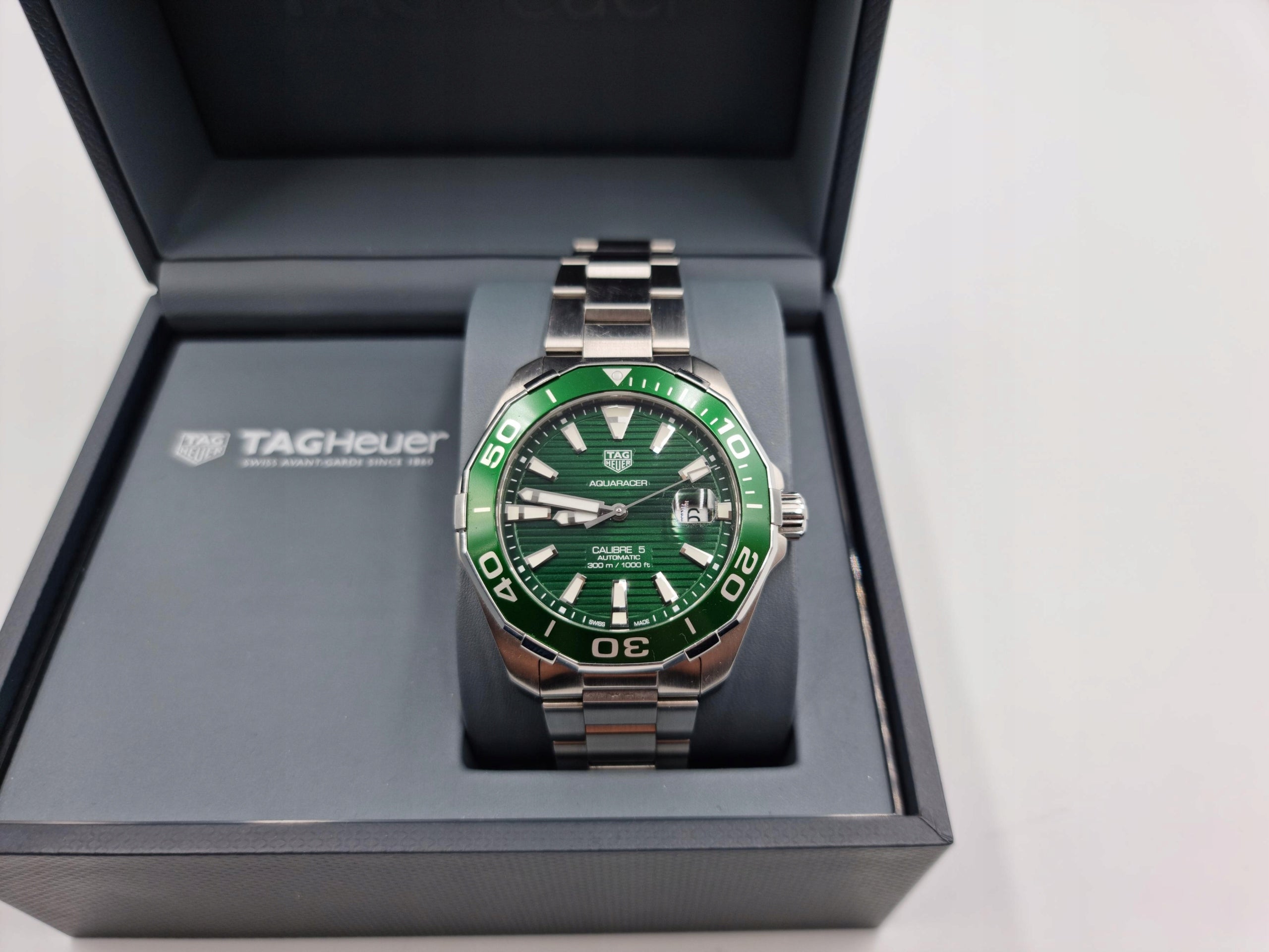 Tag Heuer Aquaracer Calibre 5 Green Dial Silver Steel Strap Watch for Men - WAY201S.BA0927 Watches Tag Heuer   