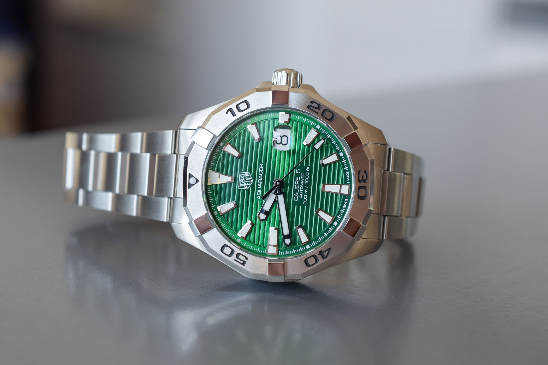 Tag Heuer Aquaracer Calibre 5 Automatic Green Dial Silver Steel Strap Watch for Men - WAY2015.BA0927 Watches Tag Heuer   