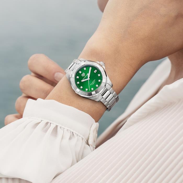 Tag Heuer Aquaracer Quartz 32mm Emerald Green Dial Silver Steel Strap Watch for Women - WBD1316.BA0740 Watches Tag Heuer   