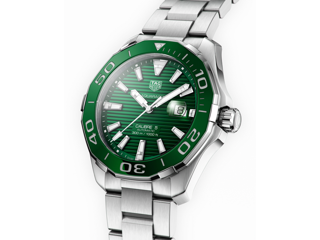 Tag Heuer Aquaracer Calibre 5 Green Dial Silver Steel Strap Watch for Men - WAY201S.BA0927 Watches Tag Heuer   