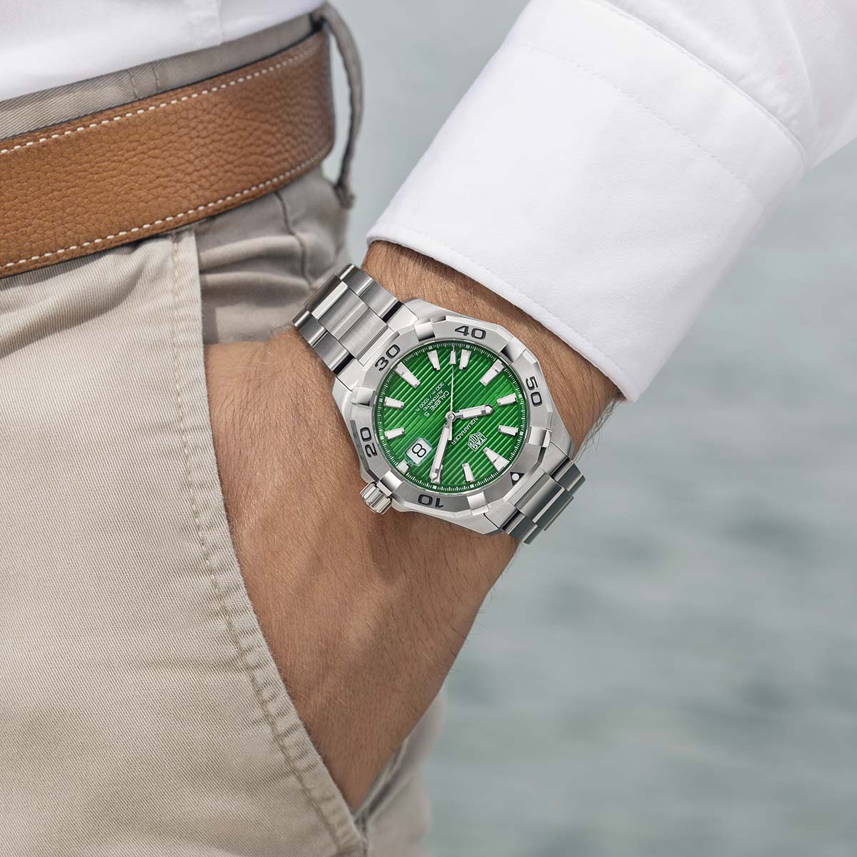 Tag Heuer Aquaracer Calibre 5 Automatic Green Dial Silver Steel Strap Watch for Men - WAY2015.BA0927 Watches Tag Heuer   