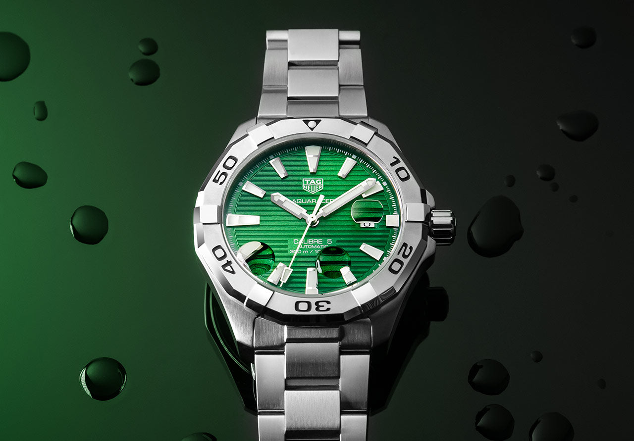 Tag Heuer Aquaracer Calibre 5 Automatic Green Dial Silver Steel Strap Watch for Men - WAY2015.BA0927 Watches Tag Heuer   