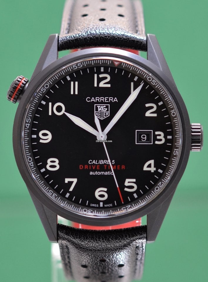 Tag Heuer Carrera Calibre 5 Drive Timer Black Dial Black Leather Strap Watch for Men - WAR2A80.FC6337 Watches Tag Heuer   