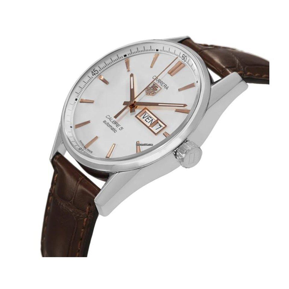 Tag Heuer Carrera Calibre 5 Automatic White Dial Brown Leather Strap Watch for Men - WAR201D.FC6291 Watches Tag Heuer   