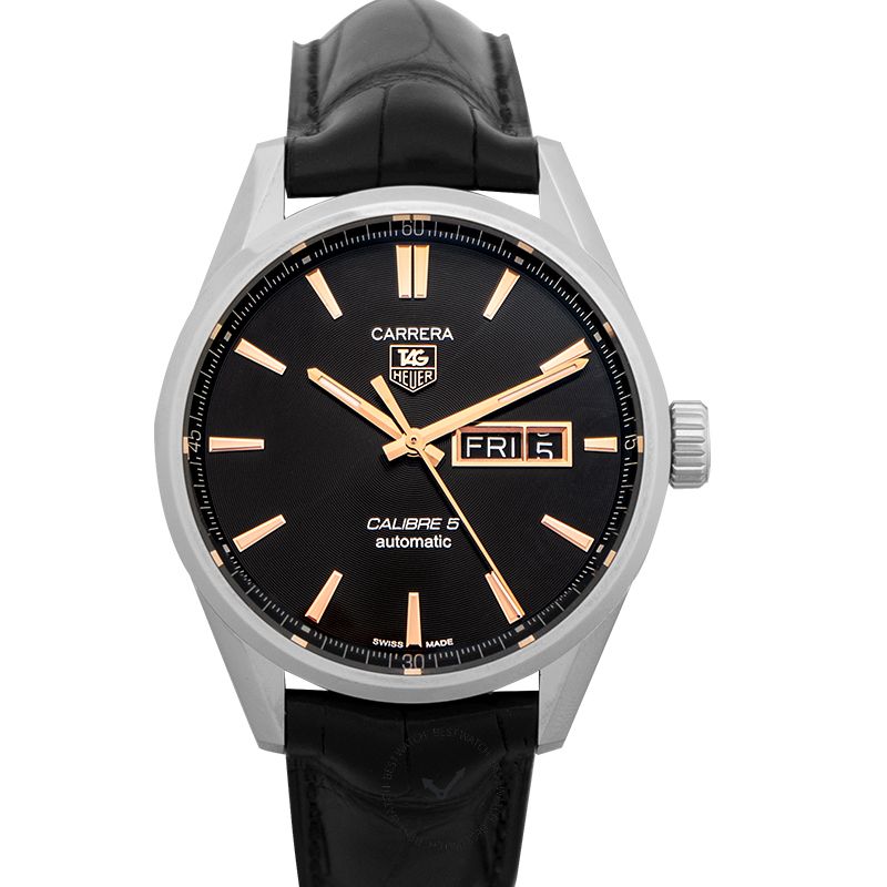 Tag Heuer Carrera Calibre 5 Automatic 41mm Black Dial Black Leather Strap Watch for Men - WAR201C.FC6266 Watches Tag Heuer   