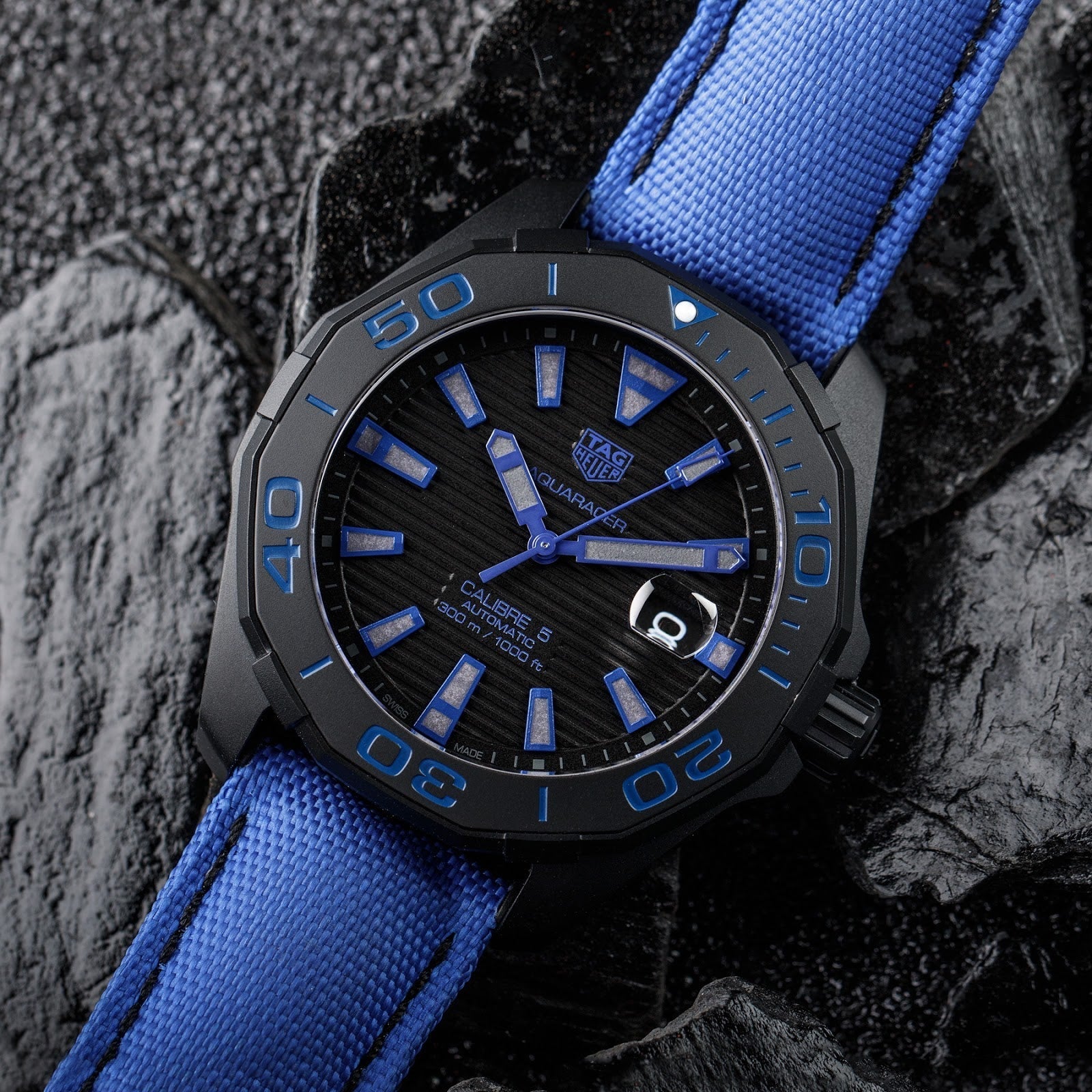 Tag Heuer Aquaracer Calibre 5 Automatic 43mm Titanium Blue Dial Blue Nylon Strap Watch for Gents - WAY208B.FC6382 Watches Tag Heuer   