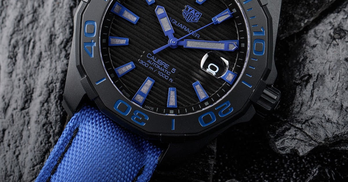 Tag Heuer Aquaracer Calibre 5 Automatic 43mm Titanium Blue Dial Blue Nylon Strap Watch for Gents - WAY208B.FC6382 Watches Tag Heuer   
