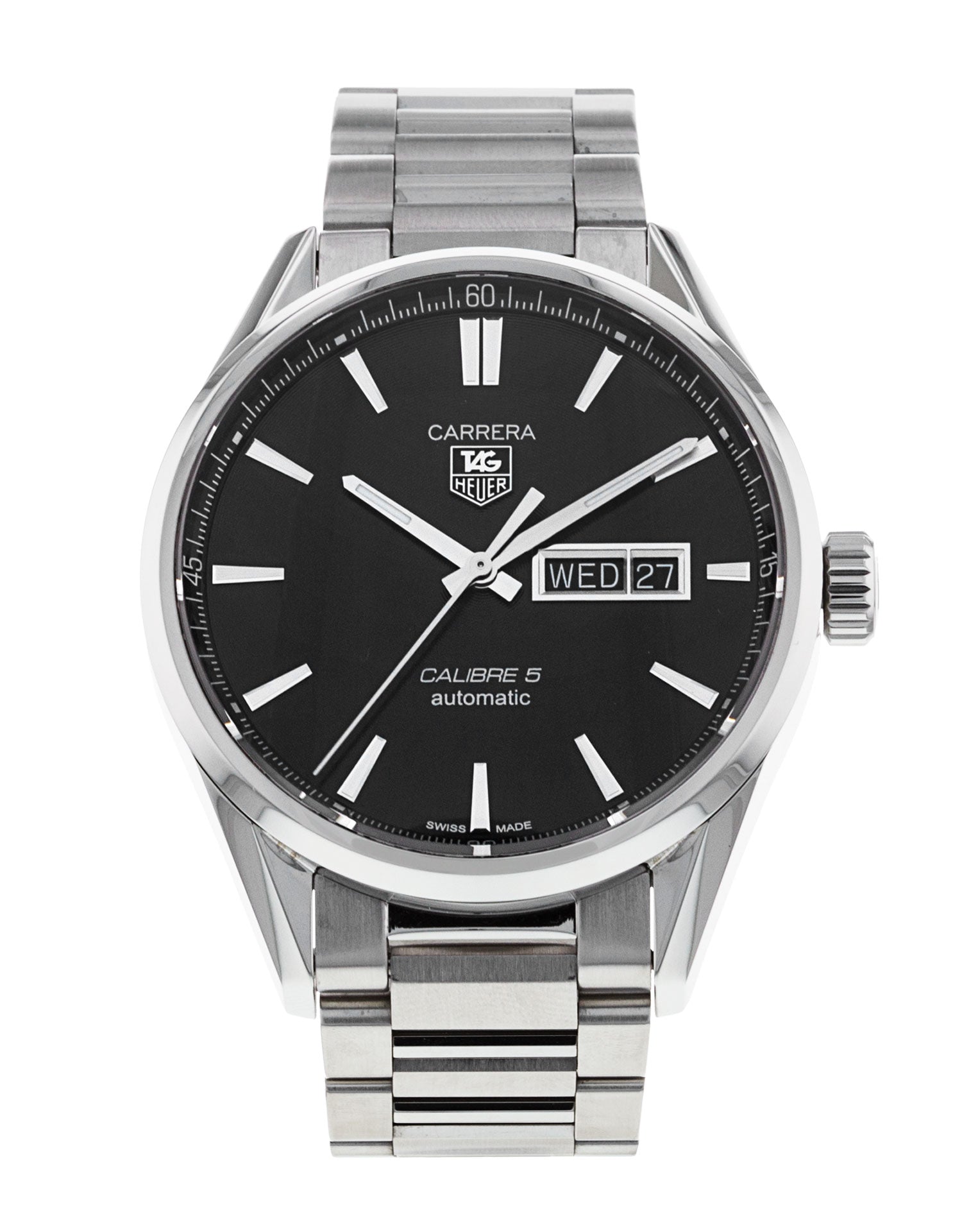 Tag Heuer Carrera Calibre 5 Automatic Black Dial Silver Steel Strap Watch for Men - WAR201A.BA0723 Watches Tag Heuer   