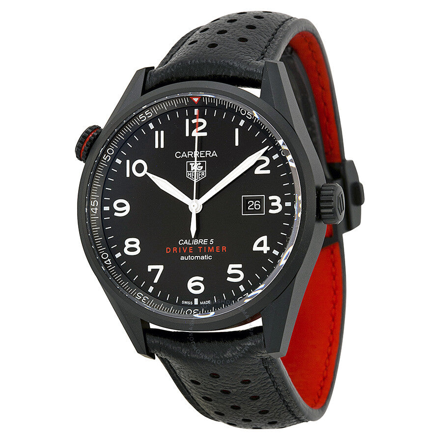 Tag Heuer Carrera Calibre 5 Drive Timer Black Dial Black Leather Strap Watch for Men - WAR2A80.FC6337 Watches Tag Heuer   