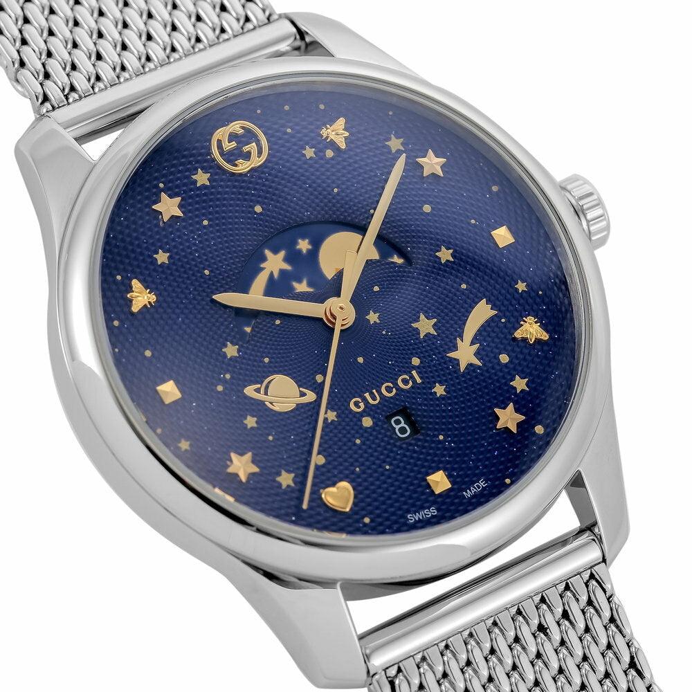 Gucci G-Timeless Motifs Moon Phase Blue Dial Silver Mesh Bracelet Watch For Men - YA126328 Watches Gucci   