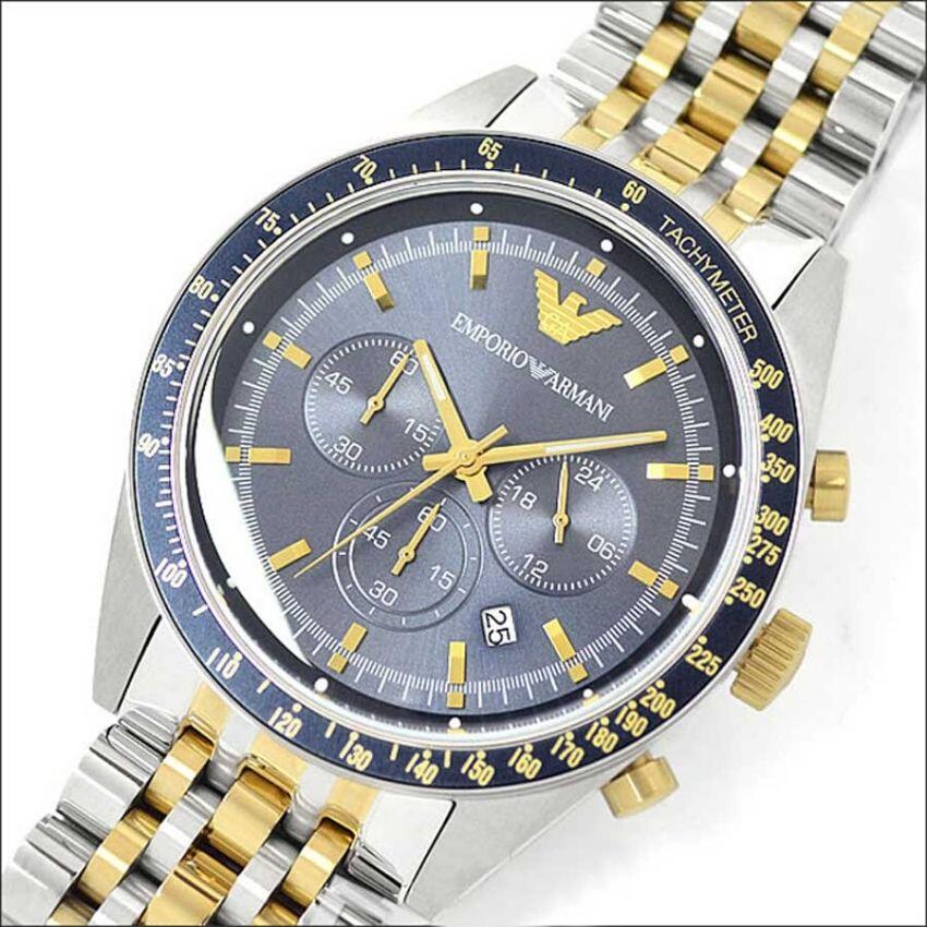 Emporio Armani Tazio Chronograph Blue Dial Two Tone Stainless Steel Watch For Men - AR6088 Watches Emporio Armani   