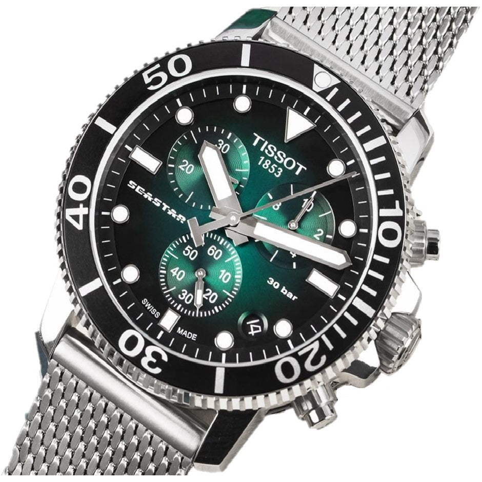 Tissot Seaster 1000 Chronograph Green Dial Silver Mesh Bracelet Watch For Men - T120.417.11.091.00 Watches Tissot   