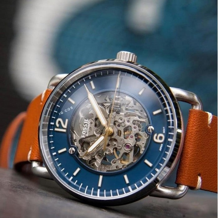 Fossil Commuter Automatic Skeleton Blue Dial Brown Leather Strap Watch for Men - ME3159 Watches Fossil   