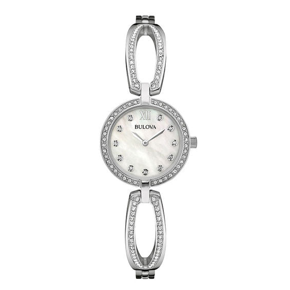 Bulova Crystal Collection Mother of Pearl Dial Silver Steel Strap Watch for Women - 96L223 Watches Bulova   