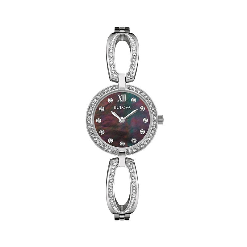 Bulova Crystal Black Mother of Pearl Dial Silver Steel Strap Watch for Women - 96L224 Watches Bulova   