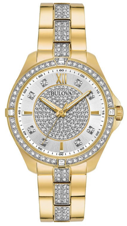 Bulova Crystal Collection Silver Crystal Dial Gold Steel Strap Watch for Women - 98L228 Watches Bulova   