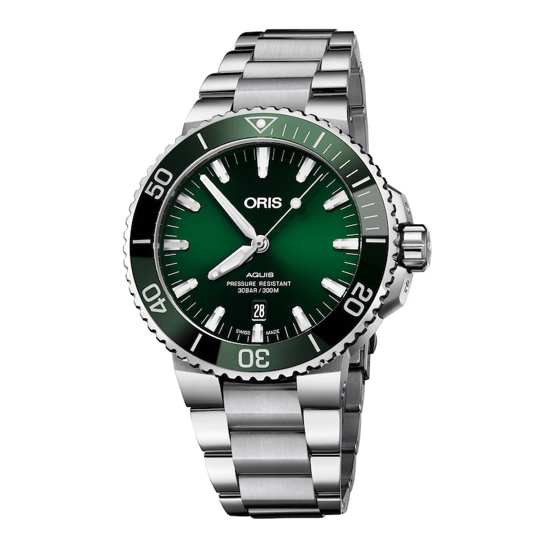 Oris Aquis Date Green Dial Silver Steel Strap Watch For Men - 0173377304157-0782405PEB