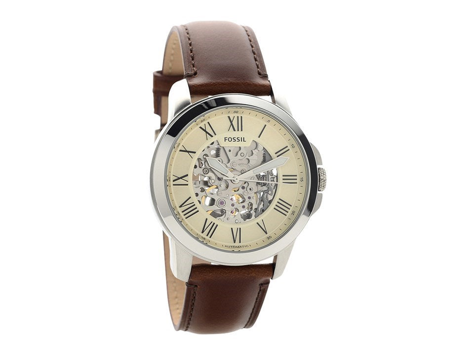 Fossil Grant Automatic Beige Skeleton Dial Brown Leather Strap Watch for Men - ME3099 Watches Fossil   