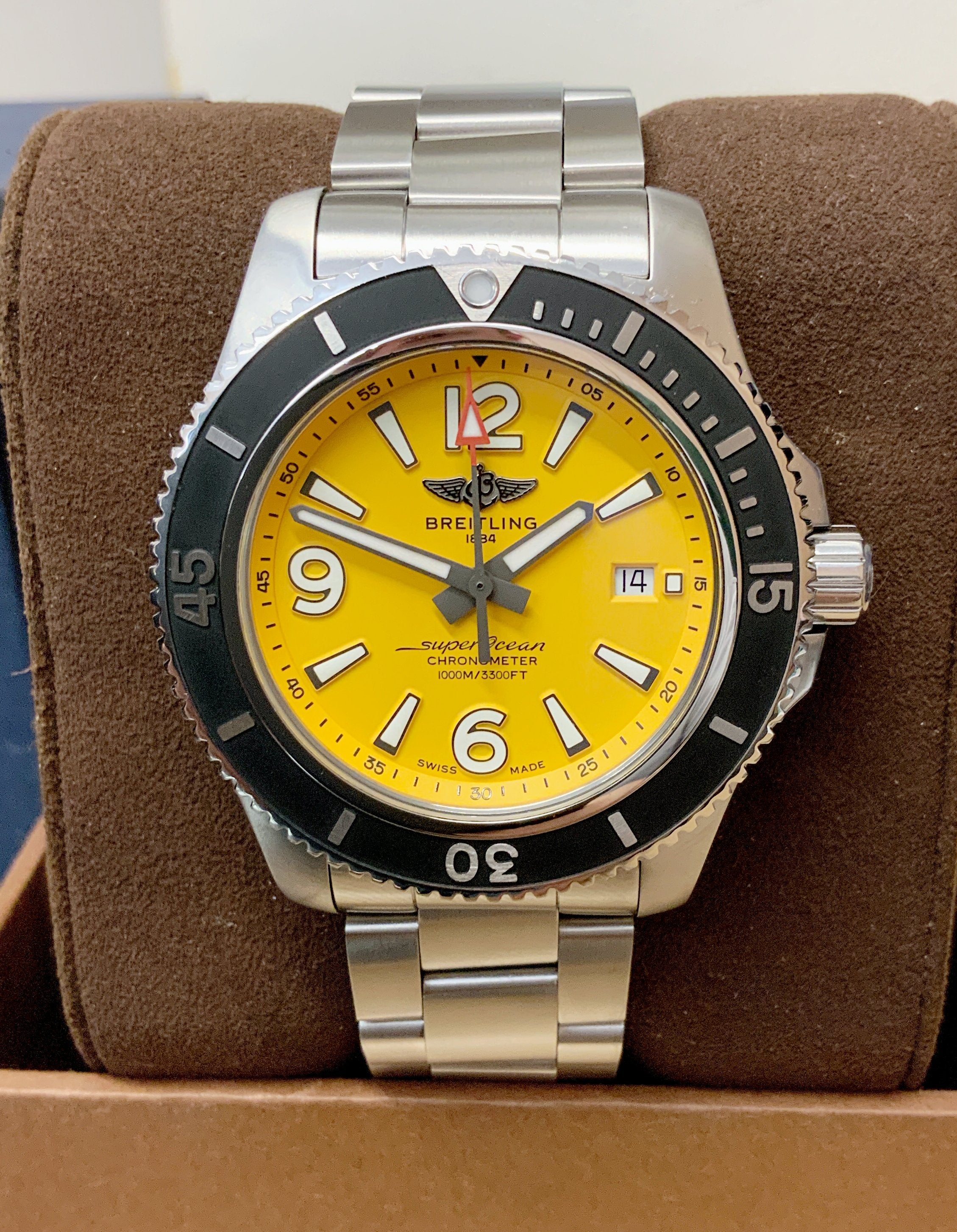 Breitling Superocean II Automatic 44mm Yellow Dial Silver Steel Strap Watch for Men - A17367021I1A1 Watches Breitling   