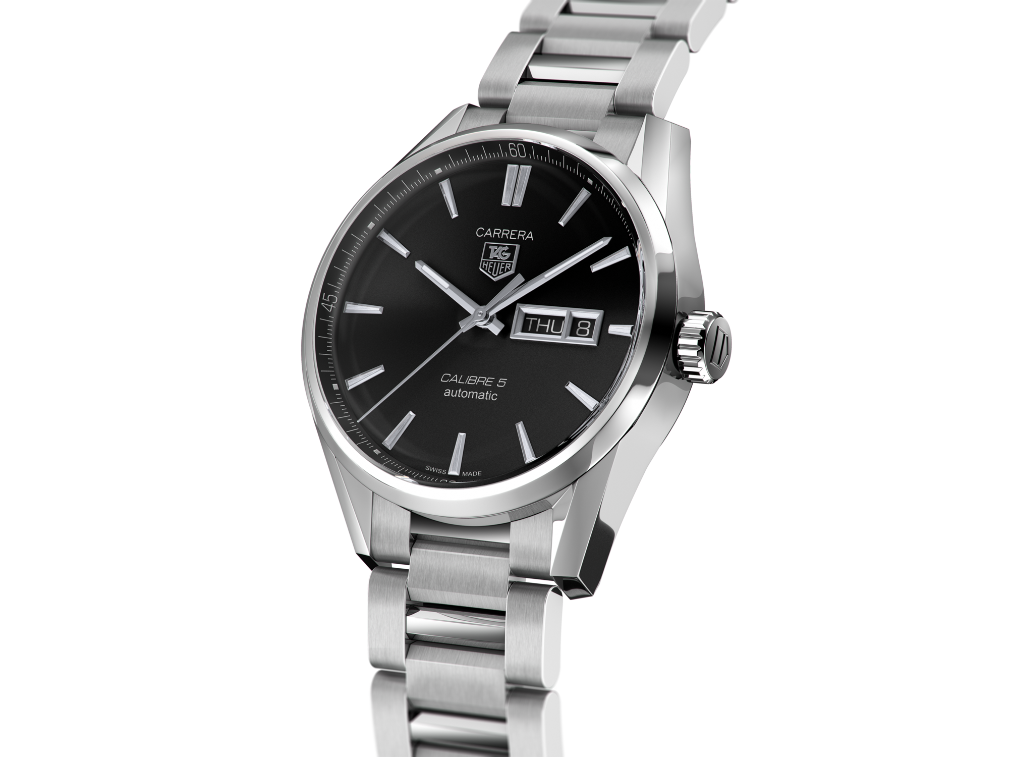 Tag Heuer Carrera Calibre 5 Automatic Black Dial Silver Steel Strap Watch for Men - WAR201A.BA0723 Watches Tag Heuer   