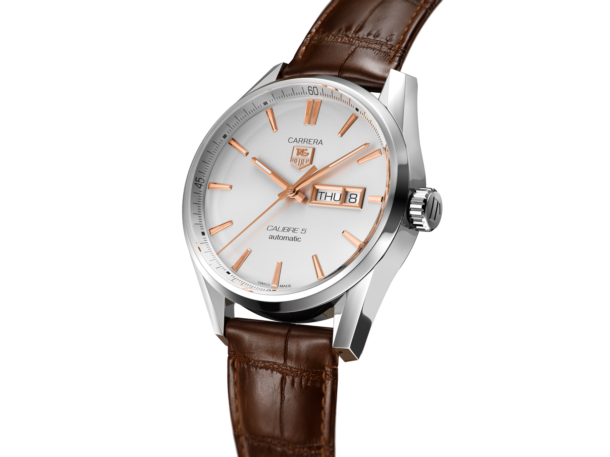 Tag Heuer Carrera Calibre 5 Automatic White Dial Brown Leather Strap Watch for Men - WAR201D.FC6291 Watches Tag Heuer   