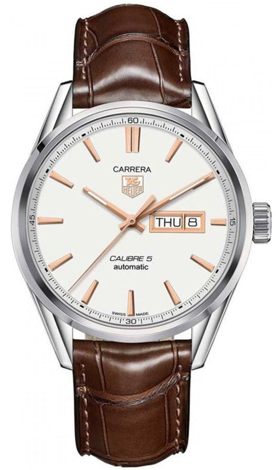 Tag Heuer Carrera Calibre 5 Automatic White Dial Brown Leather Strap Watch for Men - WAR201D.FC6291 Watches Tag Heuer   