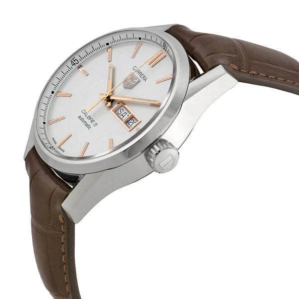 Tag Heuer Carrera Calibre 5 Automatic White Dial Brown Leather Strap Watch for Men - WAR201D.FC6291 Watches Tag Heuer   